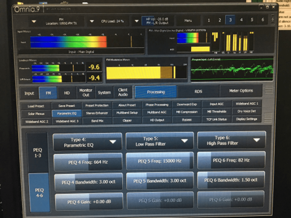 Control panel of the Omnia 9 audio processor at WNPE 102.7FM